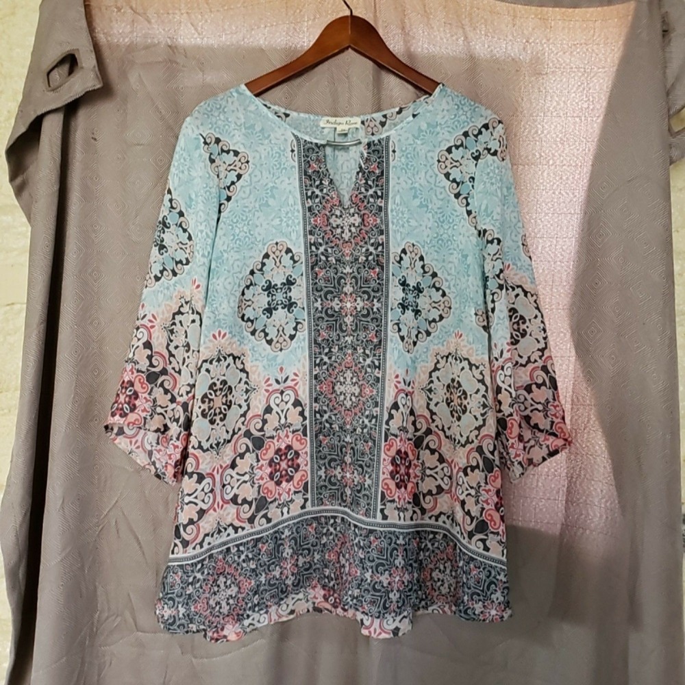Indigo Rose Blouse Womens Plus 2X Blue Geometric 3/4 Sleeve Tunic Top Boho